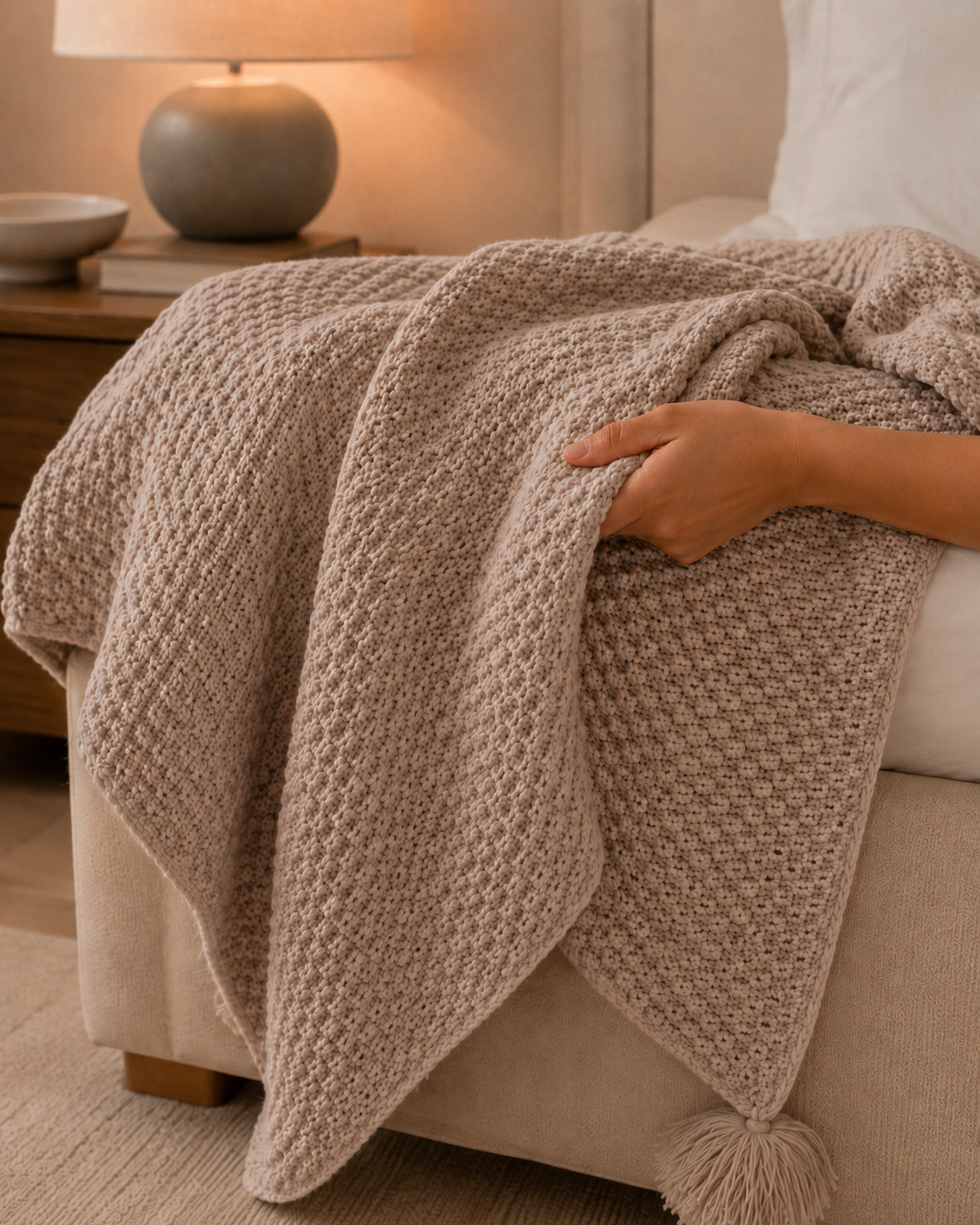 MELLOW throw blanket styled on a luxury bed or sofa